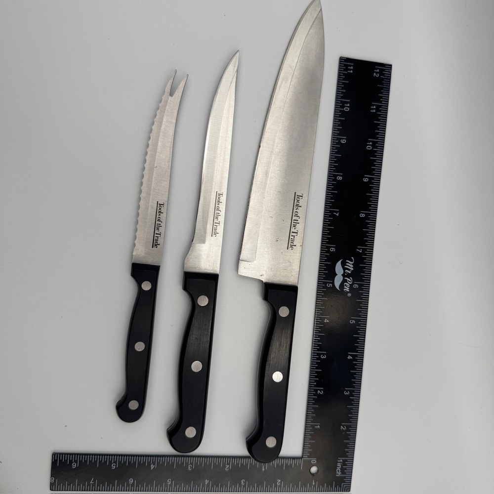 Tools of the Trade 3 Piece‎ Kitchen Knife Set Stainless Steel Black Triple Rivet